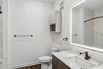 Modern bathroom with vessel sink and backlit mirror